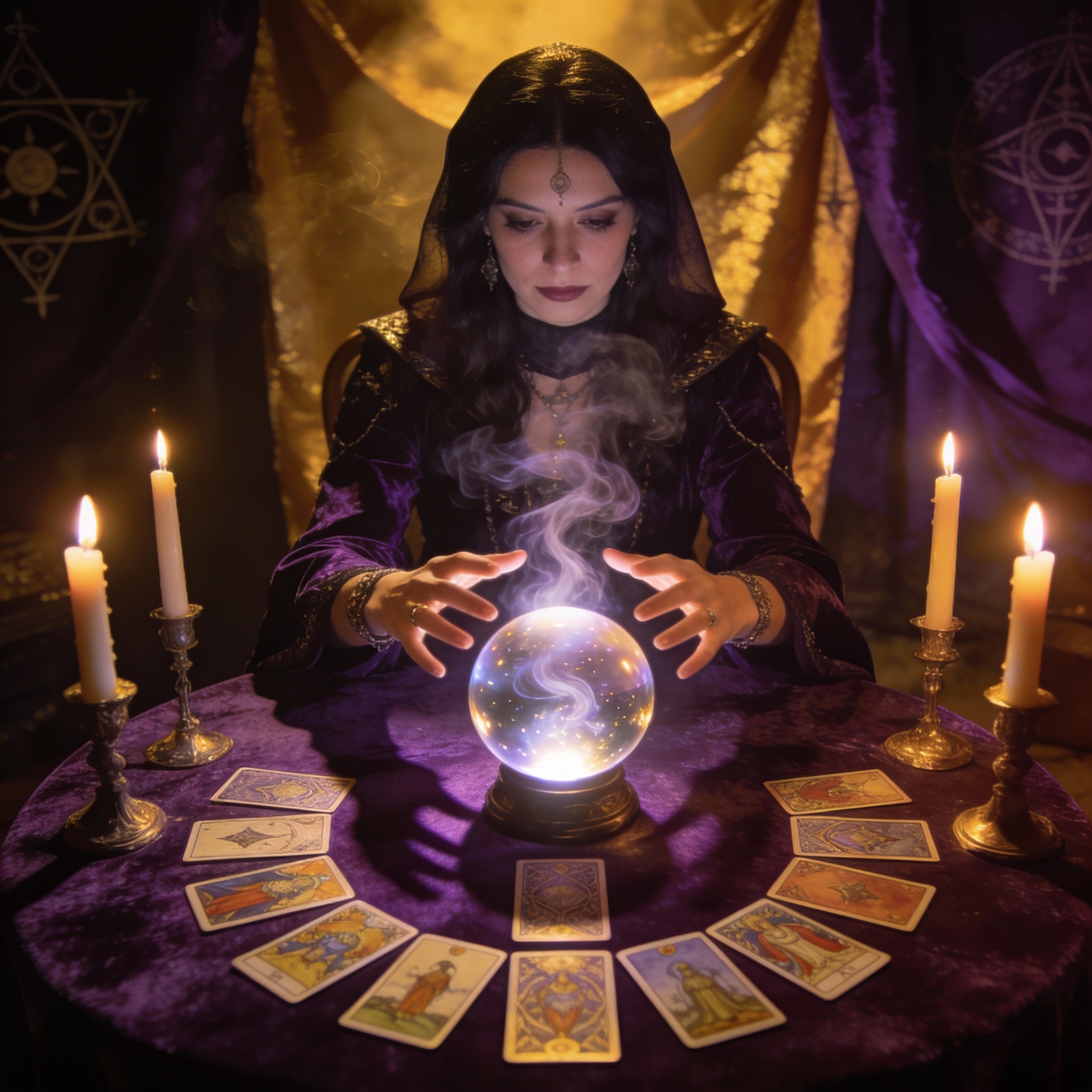 Illustration voyance audiotel : ambiance mystique violette et turquoise